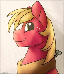 Size: 946x1080 | Tagged: safe, artist:mariashek, big macintosh, earth pony, pony, g4, abstract background, cute, looking at you, looking sideways, macabetes, male, profile, smiling, solo, stallion