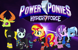 Size: 1252x799 | Tagged: safe, artist:cam-and-sister-paint, coloratura, starlight glimmer, sunset shimmer, thorax, trixie, changedling, changeling, g4, black ranger, blue ranger, king thorax, pink ranger, power rangers, power rangers hyperforce, rara, red ranger, yellow ranger