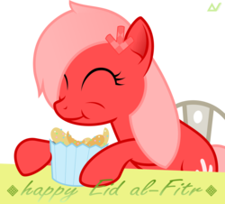 Size: 1801x1628 | Tagged: safe, artist:arifproject, oc, oc only, oc:downvote, earth pony, pony, derpibooru, g4, derpibooru ponified, eating, eid al-fitr, eyes closed, food, holding, malaysia, meta, ponified, simple background, solo, text, transparent background, vector
