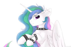 Size: 1920x1262 | Tagged: safe, artist:mariashek, princess celestia, alicorn, pony, g4, barbell piercing, choker, ear piercing, earring, eyebrows, eyebrows visible through hair, female, jewelry, lidded eyes, looking at you, mare, missing accessory, piercing, punk, punklestia, raised hoof, simple background, smiling, solo, spiked choker, spiked wristband, white background, wristband