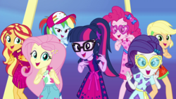 Size: 1280x720 | Tagged: safe, screencap, applejack, fluttershy, pinkie pie, rainbow dash, rarity, sci-twi, sunset shimmer, twilight sparkle, equestria girls, g4, i'm on a yacht, my little pony equestria girls: better together, female, geode of fauna, geode of shielding, geode of sugar bombs, geode of telekinesis, glasses, humane five, humane seven, humane six, magical geodes, ponytail