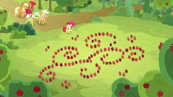 Size: 1920x1080 | Tagged: safe, screencap, apple bloom, applejack, big macintosh, goldie delicious, granny smith, earth pony, pony, g4, going to seed, apple, apple tree, food, tree