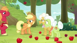 Size: 1920x1080 | Tagged: safe, screencap, applejack, big macintosh, goldie delicious, granny smith, g4, going to seed, apple, apple tree, food, tree