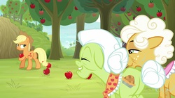 Size: 1920x1080 | Tagged: safe, screencap, applejack, goldie delicious, granny smith, earth pony, pony, g4, going to seed, apple, apple tree, food, tree