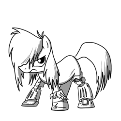 Size: 1024x1024 | Tagged: safe, artist:fimflamfilosophy, oc, oc only, earth pony, pony, buck legacy, amputee, automail, black and white, card art, determined, fantasy class, grayscale, hair over one eye, looking at you, monochrome, prosthetic limb, prosthetics, solo