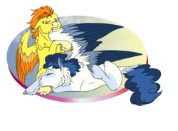 Size: 3186x2350 | Tagged: safe, artist:inisealga, blaze, high winds, pony, g4, colored wings, high res, multicolored wings, prone, sleeping, wings