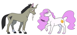 Size: 4309x2000 | Tagged: safe, artist:9centschange, discord, princess celestia, earth pony, pony, unicorn, g4, coat markings, colored hooves, crooked horn, disguise, duo, earth pony celestia, female, horn, male, mare, pink-mane celestia, pony discord, ship:dislestia, shipping, simple background, socks (coat markings), stallion, straight, transparent background
