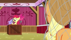 Size: 1920x1080 | Tagged: safe, screencap, apple bloom, applejack, pony, shark, g4, going to seed, crate, female, net, toy