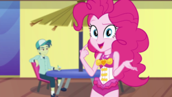 Size: 1280x720 | Tagged: safe, screencap, mile hill, pinkie pie, equestria girls, g4, i'm on a yacht, my little pony equestria girls: better together, background human, clothes, female, geode of sugar bombs, looking at you, magical geodes, male, one-piece swimsuit, pinkie pie swimsuit, sleeveless, swimsuit