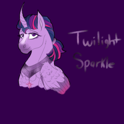 Size: 2350x2350 | Tagged: safe, artist:inisealga, part of a set, twilight sparkle, alicorn, pony, g4, blaze (coat marking), bust, coat markings, curved horn, facial markings, female, high res, hoers, horn, jewelry, lidded eyes, looking at you, mare, necklace, peytral, ponytail, purple background, redesign, simple background, solo, twilight sparkle (alicorn), wing claws