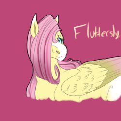 Size: 2350x2350 | Tagged: safe, artist:inisealga, part of a set, fluttershy, pegasus, pony, g4, blaze (coat marking), coat markings, colored wings, colored wingtips, facial markings, female, hair over one eye, high res, looking at you, mare, pink background, redesign, simple background, solo