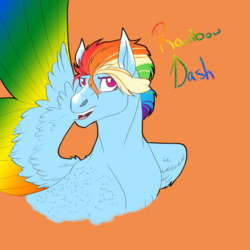 Size: 2350x2350 | Tagged: safe, artist:inisealga, part of a set, rainbow dash, pegasus, pony, g4, blaze (coat marking), coat markings, colored wings, facial markings, female, high res, lidded eyes, looking at you, mare, one wing out, open mouth, orange background, redesign, sharp teeth, simple background, solo, stray strand, teeth, wings
