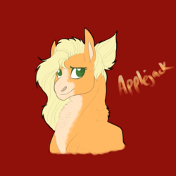 Size: 2350x2350 | Tagged: safe, artist:inisealga, part of a set, applejack, earth pony, pony, g4, blaze (coat marking), bust, chest fluff, coat markings, facial markings, female, hatless, high res, looking at you, mare, missing accessory, red background, redesign, simple background, solo