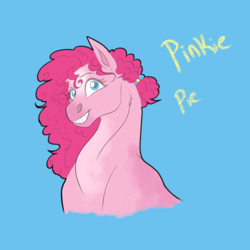 Size: 2350x2350 | Tagged: safe, artist:inisealga, part of a set, pinkie pie, earth pony, pony, g4, blue background, bust, coat markings, female, grin, high res, hoers, looking at you, mare, redesign, simple background, smiling, solo, stray strand