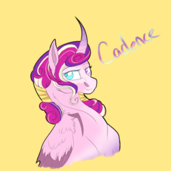 Size: 2350x2350 | Tagged: safe, artist:inisealga, part of a set, princess cadance, alicorn, pony, g4, bust, coat markings, colored wings, curved horn, female, hair tie, heterochromia, high res, horn, lidded eyes, looking sideways, mare, redesign, simple background, solo, wing claws, wings, yellow background