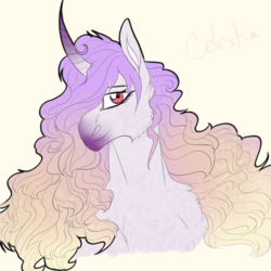 Size: 2350x2350 | Tagged: safe, artist:inisealga, part of a set, princess celestia, pony, g4, bust, cheek fluff, chest fluff, coat markings, colored horn, curved horn, ethereal mane, female, hair over one eye, high res, horn, lidded eyes, looking at you, mare, missing accessory, redesign, simple background, solo, white background