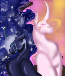 Size: 3616x4196 | Tagged: safe, artist:inisealga, princess celestia, princess luna, alicorn, pony, g4, bust, crying, curved horn, duo, ethereal mane, eyes closed, female, galaxy mane, hair over one eye, horn, mare, missing accessory, redesign, siblings, sisters, starry mane, stray strand