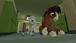 Size: 1280x720 | Tagged: safe, artist:horsesplease, double diamond, trouble shoes, horse, pony, g4, 3d, can, canterlot high, comforting, consoling, double trouble duo, duo, gmod, imminent death, sad, this will end in fire