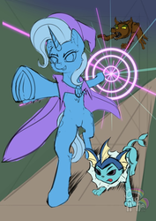 Size: 574x811 | Tagged: safe, artist:calena, trixie, pony, timber wolf, unicorn, vaporeon, g4, attack, cape, clothes, colored sketch, crossover, hat, magic, perspective, pokémon, trixie's cape, trixie's hat, ych example, your character here