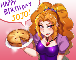 Size: 800x627 | Tagged: safe, artist:tzc, adagio dazzle, human, equestria girls, g4, clothes, commission, female, food, gem, happy birthday, humanized, looking at you, open mouth, pie, siren gem, solo
