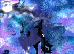 Size: 3186x2350 | Tagged: safe, artist:inisealga, princess luna, alicorn, pony, g4, coat markings, colored horn, colored wings, curved horn, ethereal mane, female, floppy ears, galaxy mane, hair over one eye, high res, horn, mare, moon, night, redesign, solo, starry mane, stars, wings