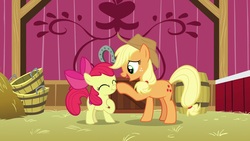 Size: 1920x1080 | Tagged: safe, screencap, apple bloom, applejack, pony, g4, going to seed, basket, boop, cute, scrunchy face