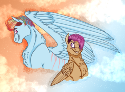 Size: 3186x2350 | Tagged: safe, artist:inisealga, rainbow dash, scootaloo, pegasus, pony, g4, abstract background, alternate hairstyle, chest fluff, duo, eye scar, female, gap teeth, grin, hair over one eye, high res, large wings, looking at each other, mare, older, one wing out, scar, scootalove, sidemouth, smiling, wings