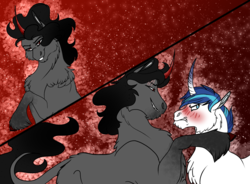 Size: 3186x2350 | Tagged: safe, artist:inisealga, king sombra, shining armor, classical unicorn, pony, unicorn, g4, abomination, abstract background, alternate universe, bedroom eyes, blushing, blushing profusely, chest fluff, cloven hooves, colored hooves, eye scar, floppy ears, fluffy, gay, grin, high res, horn, infidelity, leonine tail, looking back, male, missing accessory, scar, ship:shiningsombra, shipping, sidemouth, smiling, stallion, stars, unshorn fetlocks, varying degrees of want