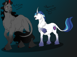 Size: 3186x2350 | Tagged: dead source, safe, artist:inisealga, king sombra, shining armor, classical unicorn, pony, unicorn, g4, alternate universe, blank flank, chest fluff, cloven hooves, coat markings, curved horn, floppy ears, fluffy, gay, gradient background, high res, horn, infidelity, leonine tail, male, male pregnancy, missing accessory, open mouth, pregarmor, pregnant, raised hoof, scar, ship:shiningsombra, shipping, size difference, speech, stallion, unshorn fetlocks