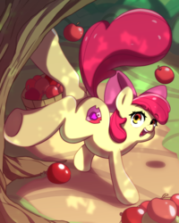 Size: 2400x3000 | Tagged: safe, artist:rockset, apple bloom, earth pony, pony, g4, adorabloom, apple, apple tree, applebucking, bucking, butt, cute, cutie mark, female, filly, food, high res, looking back, open mouth, plot, smiling, solo, the cmc's cutie marks, tree, underhoof