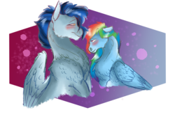 Size: 1008x676 | Tagged: safe, artist:inisealga, edit, nightshade, rainbow dash, pegasus, pony, fanfic:piercing the heavens, g4, bedroom eyes, blushing, chest fluff, cropped, fanfic art, female, floppy ears, lesbian, looking at each other, mare, missing accessory, profile, ship:rainbowshade, shipping, simple background, size difference, transparent background