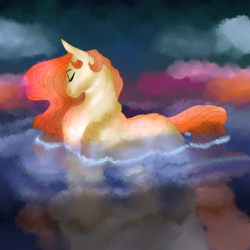 Size: 2360x2360 | Tagged: safe, artist:inisealga, oc, oc only, earth pony, pony, abstract background, blank flank, chest fluff, eyes closed, female, high res, mare, solo, standing in water, water