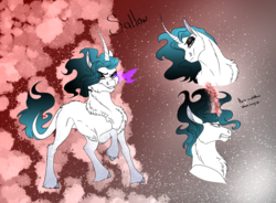 Size: 3186x2350 | Tagged: safe, artist:inisealga, oc, oc only, oc:sallow, classical unicorn, pony, unicorn, abstract background, alternate universe, angry, blank flank, chest fluff, cloven hooves, curved horn, eyeshadow, fangs, female, floppy ears, fluffy, glowing horn, grin, high res, horn, leonine tail, magical gay spawn, makeup, mare, offspring, parent:king sombra, parent:shining armor, parents:shiningsombra, raised hoof, smiling, solo, sombra eyes, stars, story included, unshorn fetlocks