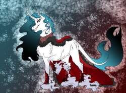 Size: 3186x2350 | Tagged: safe, artist:inisealga, oc, oc only, oc:sallow, classical unicorn, pony, unicorn, abstract background, alternate universe, blank flank, chest fluff, cloak, clothes, cloven hooves, curved horn, ethereal mane, fangs, high res, horn, jewelry, leonine tail, magical gay spawn, offspring, parent:king sombra, parent:shining armor, parents:shiningsombra, queen, raised hoof, regalia, snow, snowfall, solo, unshorn fetlocks