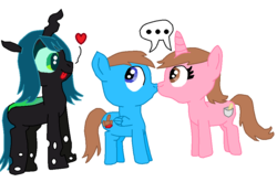 Size: 968x640 | Tagged: safe, artist:nightshadowmlp, queen chrysalis, oc, oc:cherry cookie, oc:court case, changeling, changeling queen, pegasus, pony, unicorn, g4, ..., female, heart, kissing, male, mare, stallion, straight