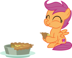 Size: 3754x3000 | Tagged: safe, artist:cloudy glow, artist:parclytaxel, scootaloo, pegasus, pony, g4, the break up breakdown, .ai available, ^^, apple pie, aweeg*, cheek puffing, chewing, content, cute, cutealoo, cutie mark, eating, eyes closed, female, filly, foal, food, happy, heart, heart shaped, high res, pie, satisfied, sitting, solo, the cmc's cutie marks, transparent background, vector