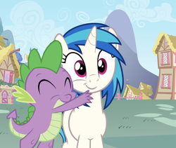 Size: 642x543 | Tagged: safe, edit, edited screencap, editor:undeadponysoldier, screencap, dj pon-3, spike, vinyl scratch, dragon, pony, unicorn, g4, adorable face, crack shipping, cute, cute smile, daaaaaaaaaaaw, eyes closed, female, hnnng, house, hug, looking at you, male, mare, ponyville, shipping, smiling, spikelove, squishy cheeks, straight, vinylbetes, vinylspike