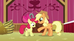 Size: 1920x1080 | Tagged: safe, screencap, apple bloom, applejack, earth pony, pony, g4, going to seed, bucket