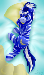 Size: 757x1280 | Tagged: safe, artist:saxpony, oc, zebra, female, lying on bed, mare, pillow, zebra oc