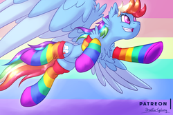 Size: 2250x1500 | Tagged: safe, artist:shad0w-galaxy, rainbow dash, pegasus, pony, g4, belly button, clothes, female, flying, gay pride flag, large wings, mare, patreon, pride, pride flag, pride month, pride socks, rainbow socks, socks, solo, striped socks, underhoof, wings