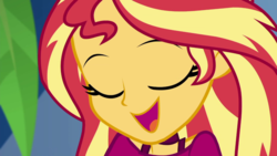Size: 1920x1080 | Tagged: safe, screencap, sunset shimmer, equestria girls, g4, i'm on a yacht, my little pony equestria girls: better together, close-up, cute, eyes closed, female, open mouth, shimmerbetes, smiling, solo