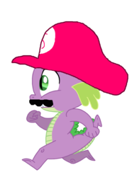 Size: 786x1016 | Tagged: safe, edit, editor:undeadponysoldier, vector edit, spike, dragon, g4, cap, clothes, cosplay, costume, facial hair, hat, male, mario hat, mario's hat, moustache, running, scared, simple background, solo, super mario bros., transparent background, vector