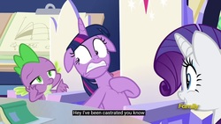 Size: 1280x720 | Tagged: safe, edit, edited screencap, screencap, rarity, spike, twilight sparkle, alicorn, pony, g4, sparkle's seven, book, caption, cutie map, discovery family logo, floppy ears, implied castration, meme, twilight sparkle (alicorn), youtube caption