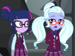 Size: 640x480 | Tagged: safe, screencap, sci-twi, sugarcoat, twilight sparkle, equestria girls, g4, my little pony equestria girls: friendship games, clothes, cropped, crystal prep academy uniform, duo, magic capture device, open mouth, school uniform, talking