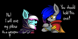 Size: 3000x1500 | Tagged: safe, artist:llhopell, oc, oc:hope(llhopell), oc:soffy, earth pony, pegasus, pony, clothes, cosplay, costume, crying, feather, hoffy, league of legends, rakan, shipping, simple background, xayah