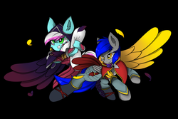 Size: 3000x2000 | Tagged: safe, artist:llhopell, oc, oc:hope(llhopell), oc:soffy, earth pony, pegasus, pony, clothes, cosplay, costume, feather, high res, hoffy, league of legends, rakan, shipping, simple background, smiling, xayah