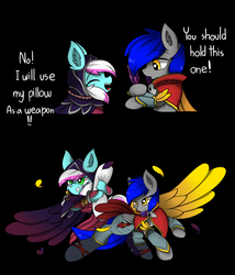 Size: 3000x3500 | Tagged: safe, artist:llhopell, oc, oc:hope(llhopell), oc:soffy, earth pony, pegasus, pony, clothes, cosplay, costume, crying, feather, high res, hoffy, league of legends, rakan, shipping, simple background, xayah
