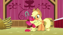 Size: 1920x1080 | Tagged: safe, screencap, apple bloom, applejack, earth pony, pony, g4, going to seed, adorabloom, bucket, cute, female, filly, hug, mare, sibling love, siblings, sisterly love, sisters, smiling