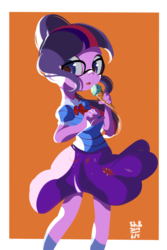 Size: 2183x3273 | Tagged: safe, artist:tohupo, sci-twi, twilight sparkle, equestria girls, g4, my little pony equestria girls: better together, beautiful, clothes, cute, female, food, geode of telekinesis, glasses, high res, ice cream, ice cream cone, magical geodes, moe, open mouth, ponytail, skirt, skirt lift, socks, solo, wind, windswept hair
