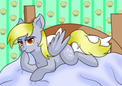 Size: 3000x2100 | Tagged: safe, artist:rainbowtashie, derpy hooves, pegasus, pony, g4, bed, bedroom eyes, female, high res, mare, simple background, solo